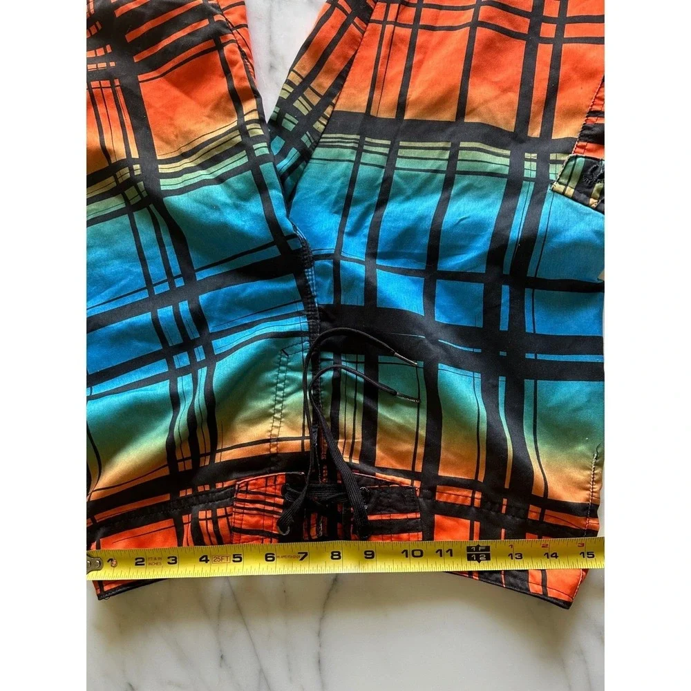 Hang Ten Mens‎ Board Shorts Size 30 Plaid Ombre Orange Blue Black